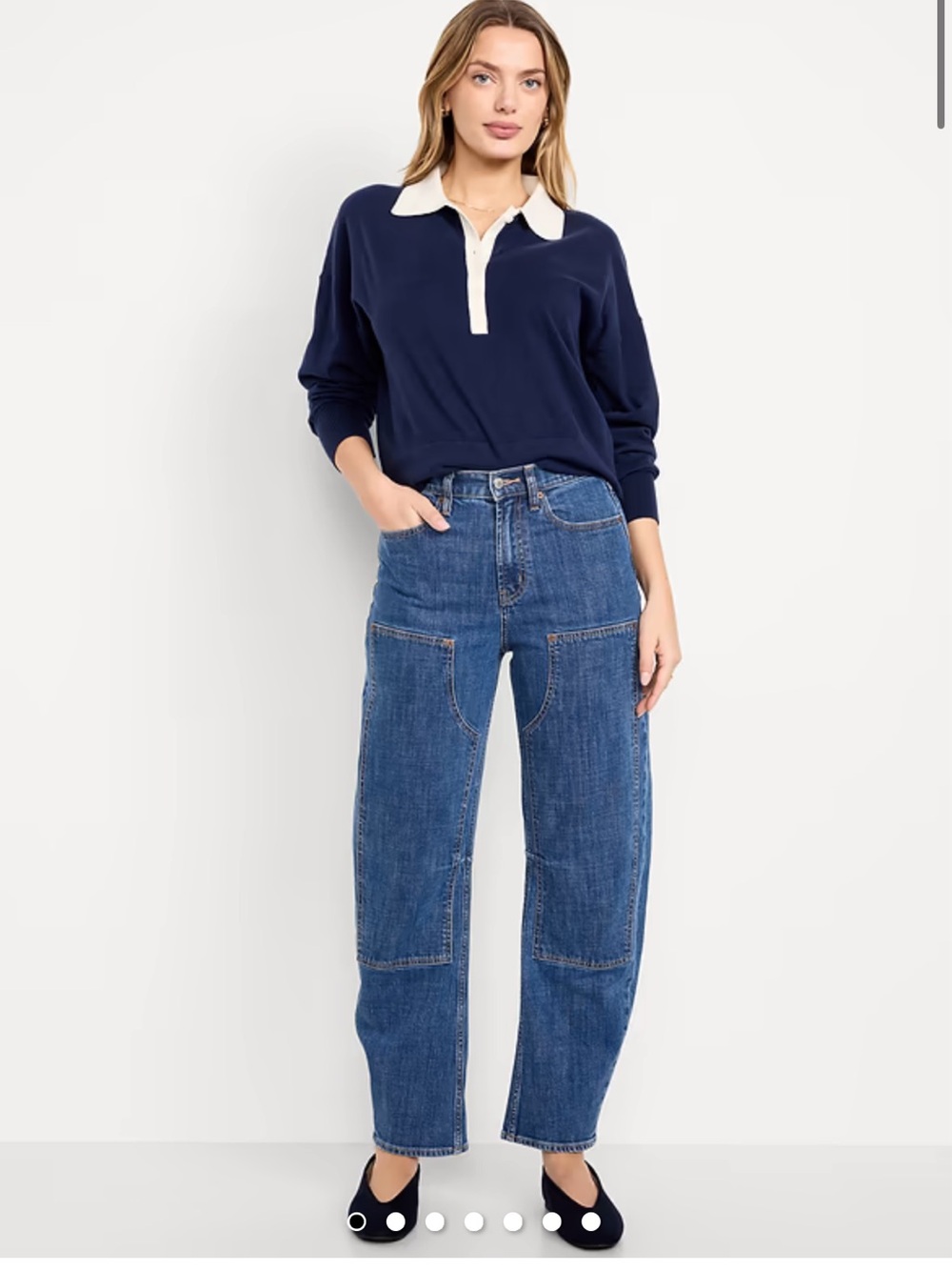 Old Navy Womens High Rise Barrel Leg Jeans Blue Utility Double Knee Front 4
